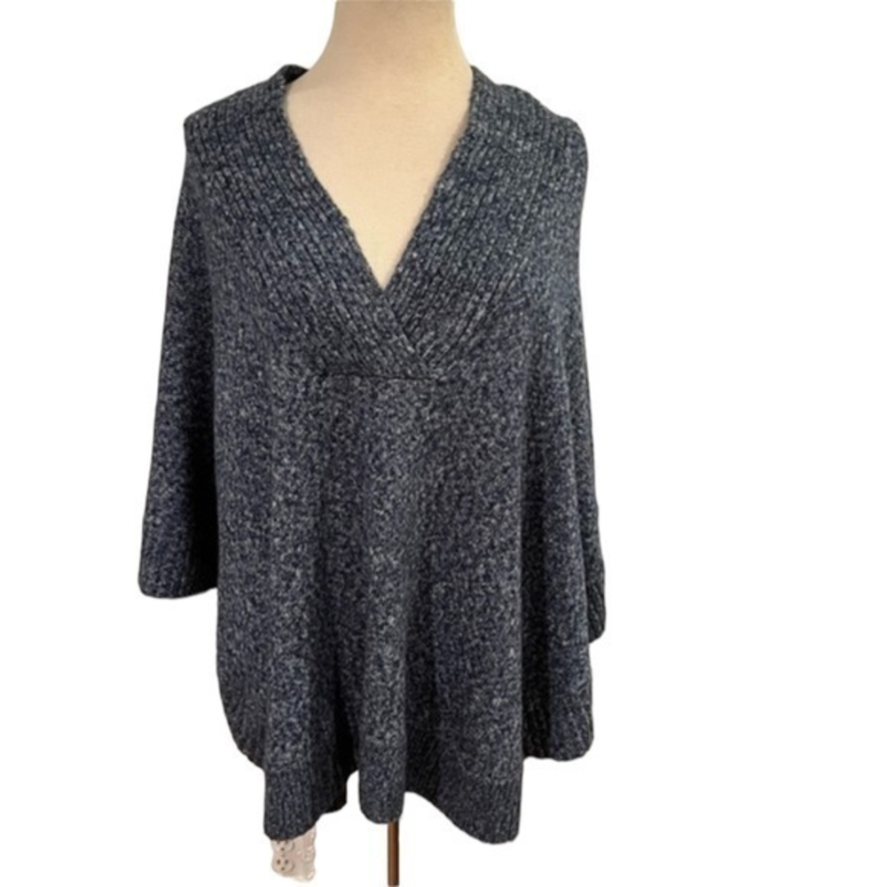 Leo & Nicole Blue Marled Knit V-Neck Poncho Sweater XXL Oversized‎ Pullover #BIN